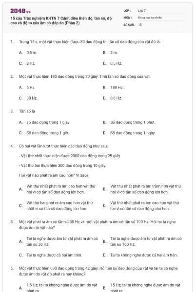 15 câu Trắc nghiệm KHTN 7 Cánh diều Biên độ, tần số, độ cao và độ to của âm có đáp án (Phần 2)