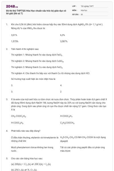 Đề thi thử THPTQG Hóa Học chuẩn cấu trúc bộ giáo dục có lời giải (Đề số 7)