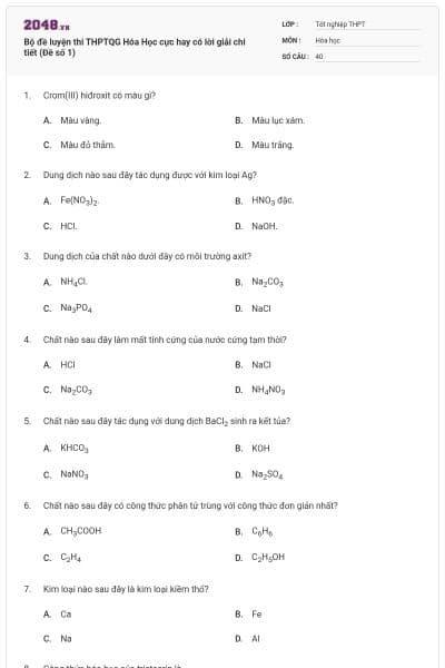 Bộ đề  luyện thi THPTQG Hóa Học cực hay có lời giải chi tiết (Đề số 1)