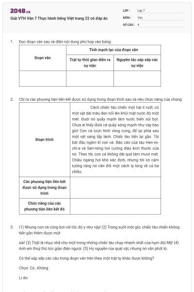 Giải VTH Văn 7 Thực hành tiếng Việt trang 22 có đáp án