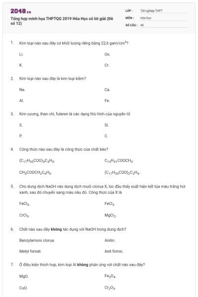 Tổng hợp minh họa THPTQG 2019 Hóa Học có lời giải (Đề số 12)