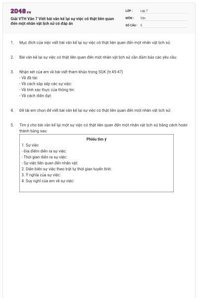 Giải VTH Văn 7 Viết bài văn kể lại sự việc có thật liên quan đến một nhân vật lịch sử có đáp án