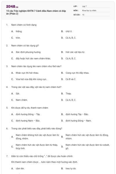 15 câu Trắc nghiệm KHTN 7 Cánh diều Nam châm có đáp án (Phần 2)