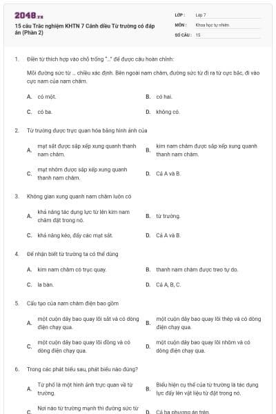 15 câu Trắc nghiệm KHTN 7 Cánh diều Từ trường có đáp án (Phần 2)