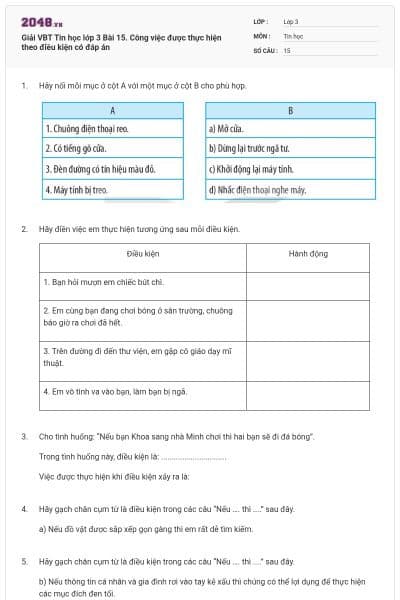 Giải VBT Tin học lớp 3 Bài 15. Công việc được thực hiện theo điều kiện có đáp án