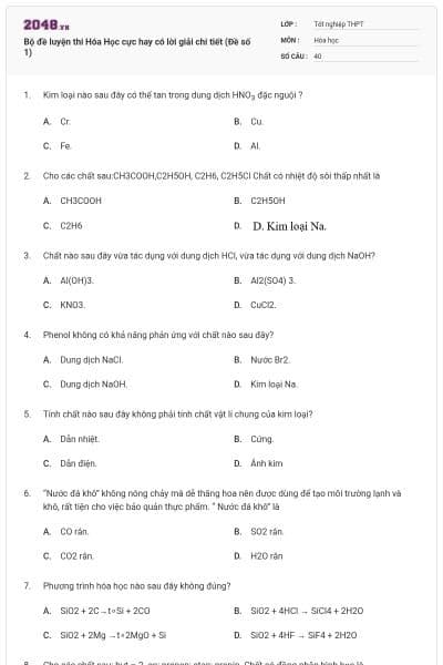 Bộ đề luyện thi Hóa Học cực hay có lời giải chi tiết (Đề số 1)