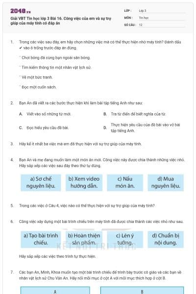 Giải VBT Tin học lớp 3 Bài 16. Công việc của em và sự trợ giúp của máy tính có đáp án