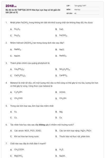 Bộ đề ôn thi THPTQG 2019 Hóa học cực hay có lời giải chi tiết (Đề số 9)
