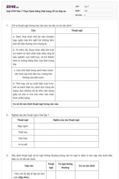 Giải VTH Văn 7 Thực hành tiếng Việt trang 39 có đáp án