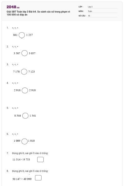 Giải SBT Toán lớp 3 Bài 64. So sánh các số trong phạm vi 100 000 có đáp án