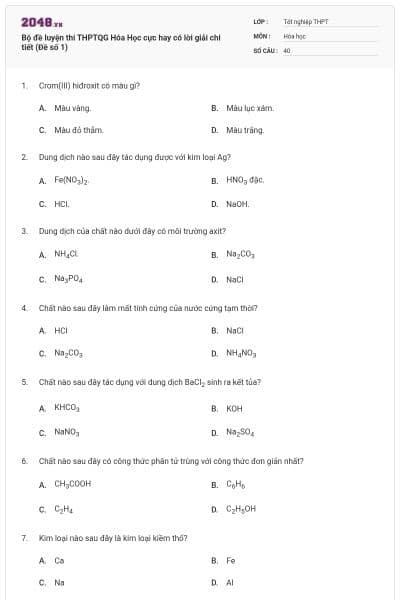 Bộ đề  luyện thi THPTQG Hóa Học cực hay có lời giải chi tiết (Đề số 1)