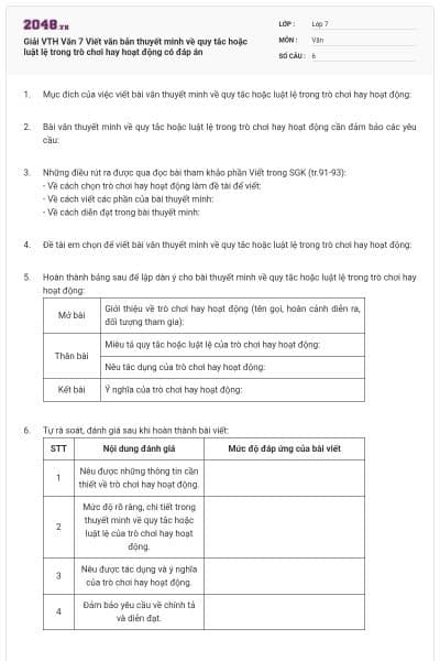 Giải VTH Văn 7 Viết văn bản thuyết minh về quy tắc hoặc luật lệ  trong trò chơi hay hoạt động có đáp án