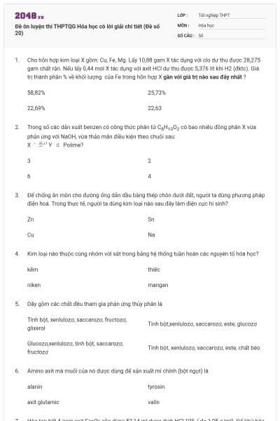 Đề ôn luyện thi THPTQG Hóa học có lời giải chi tiết (Đề số 20)