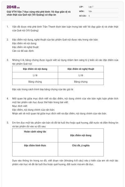 Giải VTH Văn 7 Đọc cùng nhà phê bình: Vẻ đẹp giản dị và chân thật của Quê nội  (Võ Quảng) có đáp án