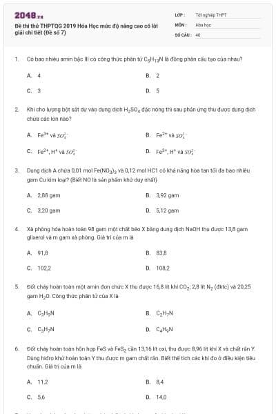 Đề thi thử THPTQG 2019 Hóa Học mức độ nâng cao có lời giải chi tiết (Đề số 7)