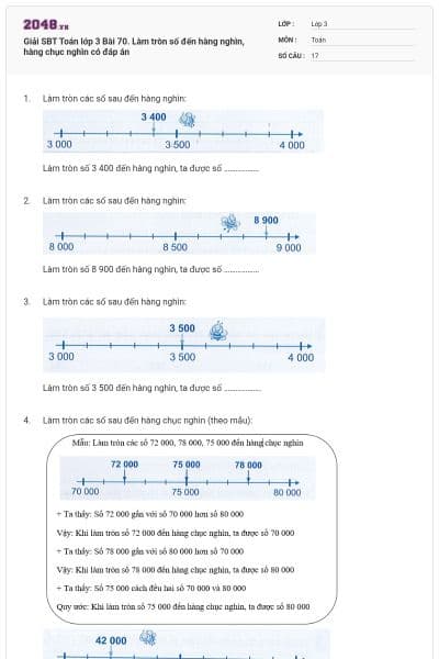 Giải SBT Toán lớp 3 Bài 70. Làm tròn số đến hàng nghìn, hàng chục nghìn có đáp án