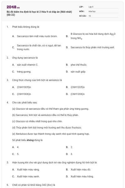 Bộ đề kiểm tra định kì học kì 2 Hóa 9 có đáp án (Mới nhất) (Đề 22)