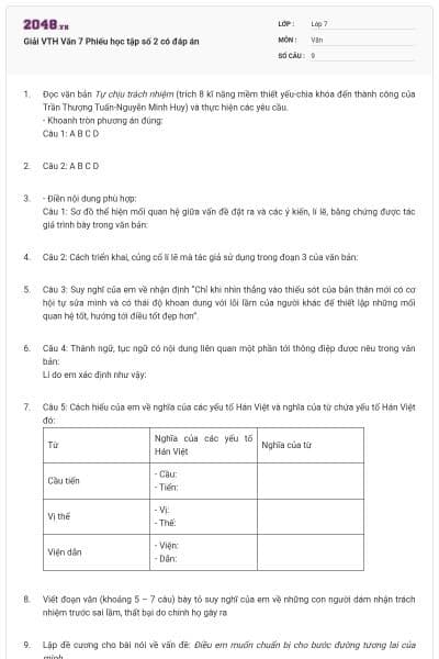 Giải VTH Văn 7 Phiếu học tập số 2 có đáp án