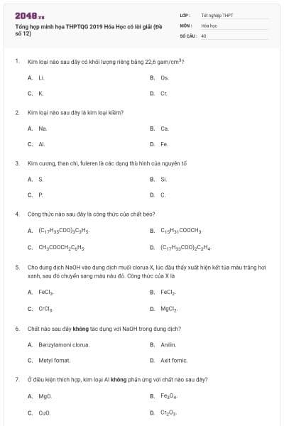 Tổng hợp minh họa THPTQG 2019 Hóa Học có lời giải (Đề số 12)