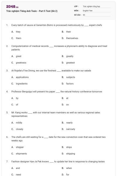 Trắc nghiệm Tiếng Anh Toeic - Part 5 Test (Đề 2)