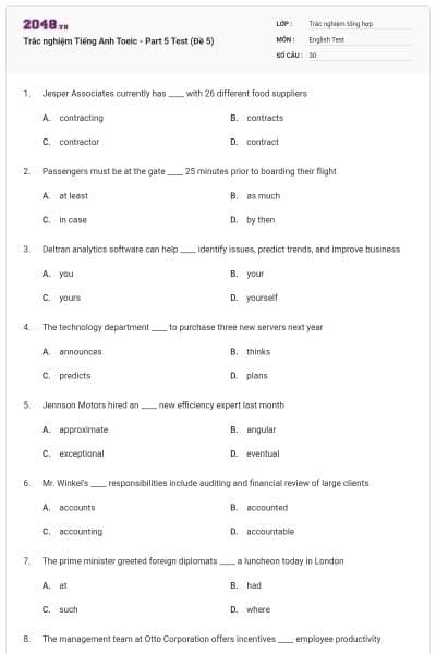 Trắc nghiệm Tiếng Anh Toeic - Part 5 Test (Đề 5)