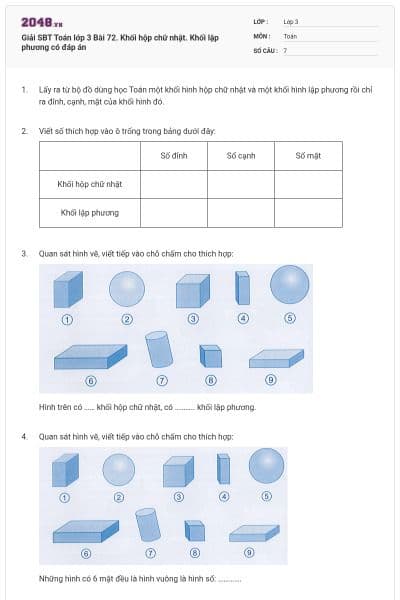 Giải SBT Toán lớp 3 Bài 72. Khối hộp chữ nhật. Khối lập phương có đáp án