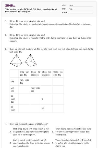 Trắc nghiệm chuyên đề Toán 8 Chủ đề 4: Hình chóp đều và hình chóp cụt đều có đáp án
