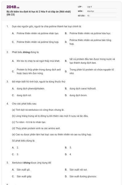 Bộ đề kiểm tra định kì học kì 2 Hóa 9 có đáp án (Mới nhất) (Đề 23)