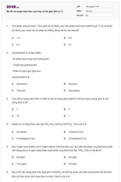 Bộ đề ôn luyện Hóa Học cực hay có lời giải (Đề số 1)