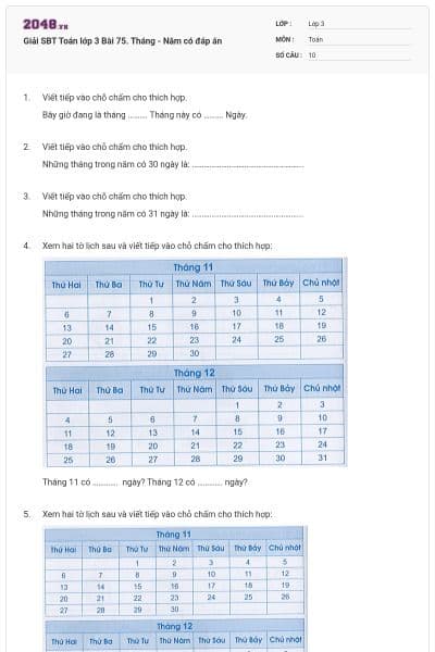 Giải SBT Toán lớp 3 Bài 75. Tháng - Năm có đáp án