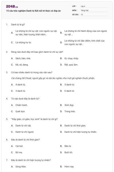 15 câu trắc nghiệm Danh từ Kết nối tri thức có đáp án