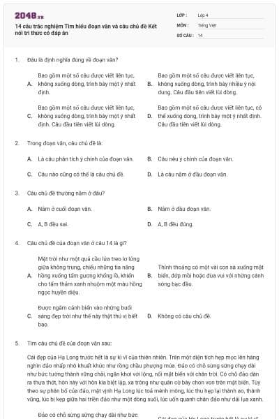 14 câu trắc nghiệm Tìm hiểu đoạn văn và câu chủ đề Kết nối tri thức có đáp án