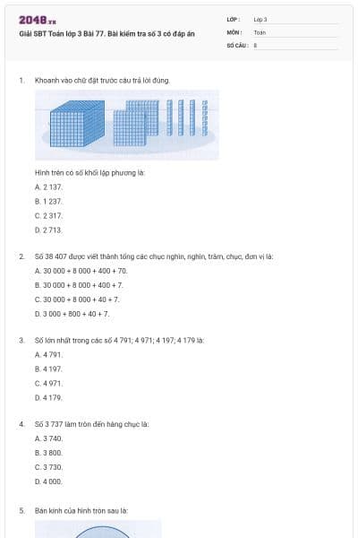 Giải SBT Toán lớp 3 Bài 77. Bài kiểm tra số 3 có đáp án