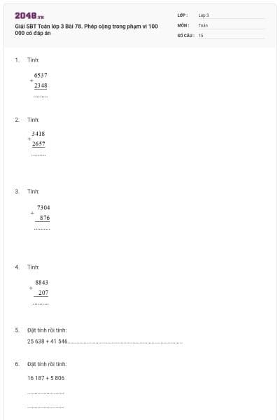 Giải SBT Toán lớp 3 Bài 78. Phép cộng trong phạm vi 100 000 có đáp án