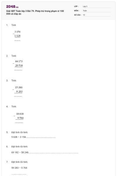 Giải SBT Toán lớp 3 Bài 79. Phép trừ trong phạm vi 100 000 có đáp án