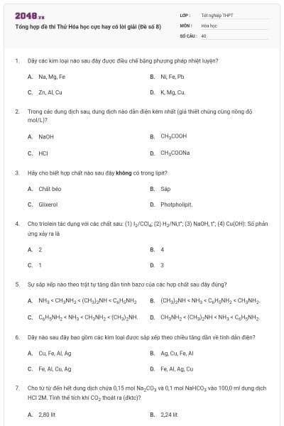 Tổng hợp đề thi Thử Hóa học cực hay có lời giải (Đề số 8)