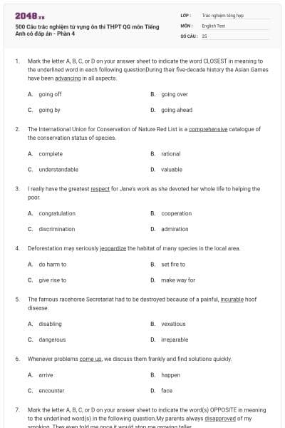 500 Câu trắc nghiệm từ vựng ôn thi THPT QG môn Tiếng Anh có đáp án - Phần 4