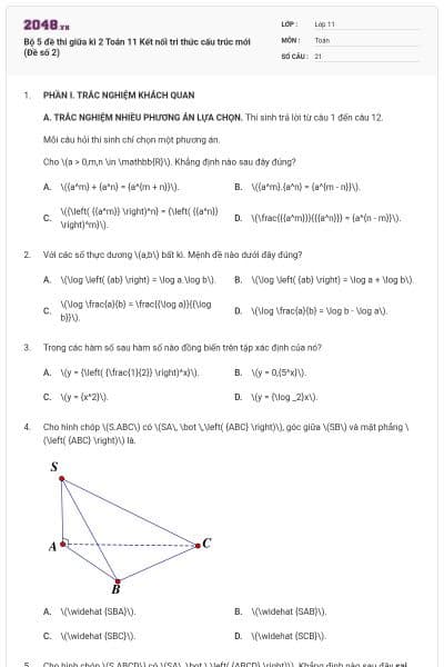 Bộ 5 đề thi giữa kì 2 Toán 11 Kết nối tri thức cấu trúc mới (Đề số 2)