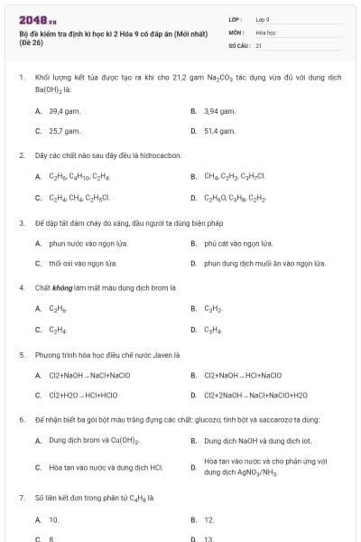 Bộ đề kiểm tra định kì học kì 2 Hóa 9 có đáp án (Mới nhất) (Đề 26)