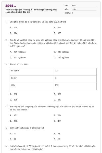 8 câu trắc nghiệm Toán lớp 3 Tìm thành phần trong phép cộng, phép trừ (có đáp án)