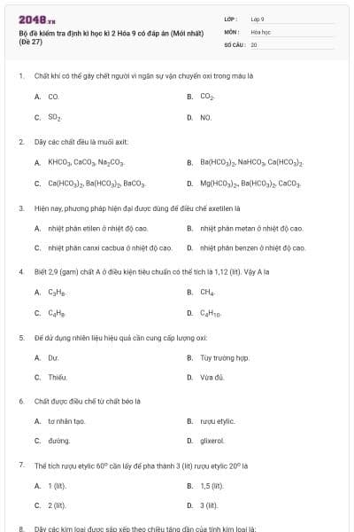 Bộ đề kiểm tra định kì học kì 2 Hóa 9 có đáp án (Mới nhất) (Đề 27)