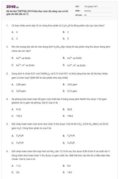 Đề thi thử THPTQG 2019 Hóa Học mức độ nâng cao có lời giải chi tiết (Đề số 7)
