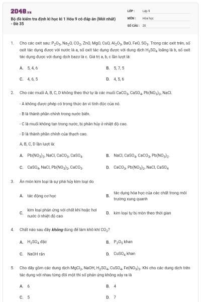 Bộ đề kiểm tra định kì học kì 1 Hóa 9 có đáp án (Mới nhất) - Đề 35