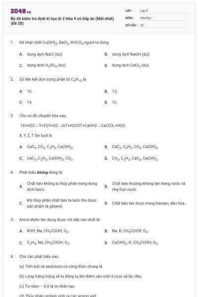 Bộ đề kiểm tra định kì học kì 2 Hóa 9 có đáp án (Mới nhất) (Đề 28)