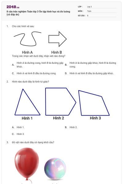 8 câu trắc nghiệm Toán lớp 3 Ôn tập hình học và đo lường (có đáp án)