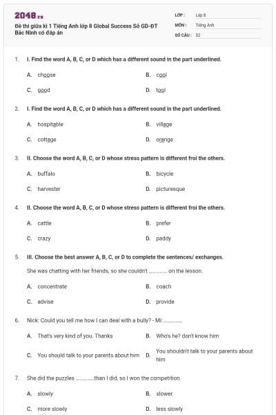 Đề thi giữa kì 1 Tiếng Anh lớp 8 Global Success Sở GD-ĐT Bắc Ninh có đáp án