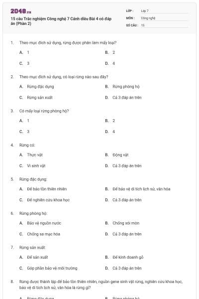 15 câu Trắc nghiệm Công nghệ 7 Cánh diều Bài 4 có đáp án (Phần 2)