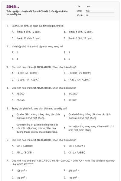 Trắc nghiệm chuyên đề Toán 8 Chủ đề 6: Ôn tập và kiểm tra có đáp án