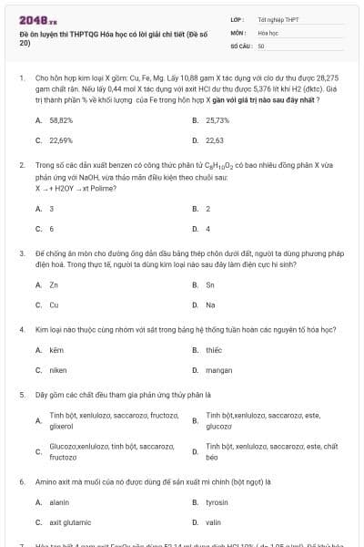 Đề ôn luyện thi THPTQG Hóa học có lời giải chi tiết (Đề số 20)