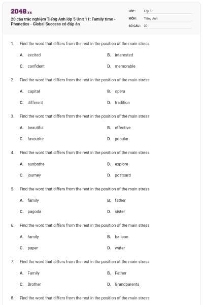 20 câu trắc nghiệm Tiếng Anh lớp 5 Unit 11: Family time - Phonetics - Global Success có đáp án